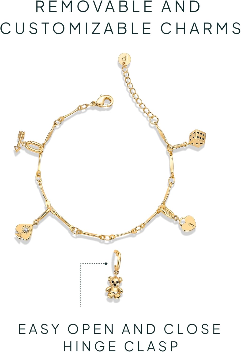 14K Gold Plated Adjustable Bracelet for Women | Twisted Bar & Paperclip Charm Chain Bracelets with Moon, Evil Eye, Teddy Bear, Valentines Day Heart Lock, Airplane, Dog, Cowboy Boot, Cat, Cupid & More | Fashion Jewelry