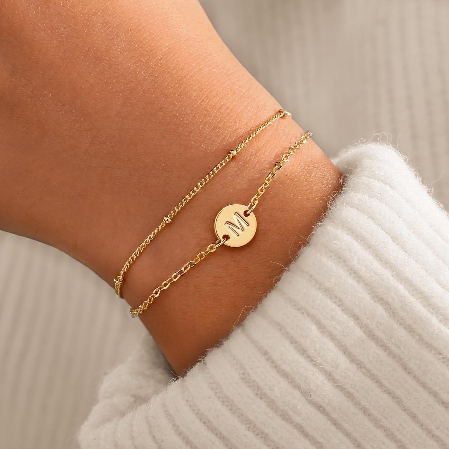 Gold Bracelets for Women Girls Valentines Day Gifts, Dainty 18K Gold Plated Disc Monogram Letter A-Z Initial Bracelets for Women Trendy Personalized Letter Bracelet Valentines Day Gifts for Her