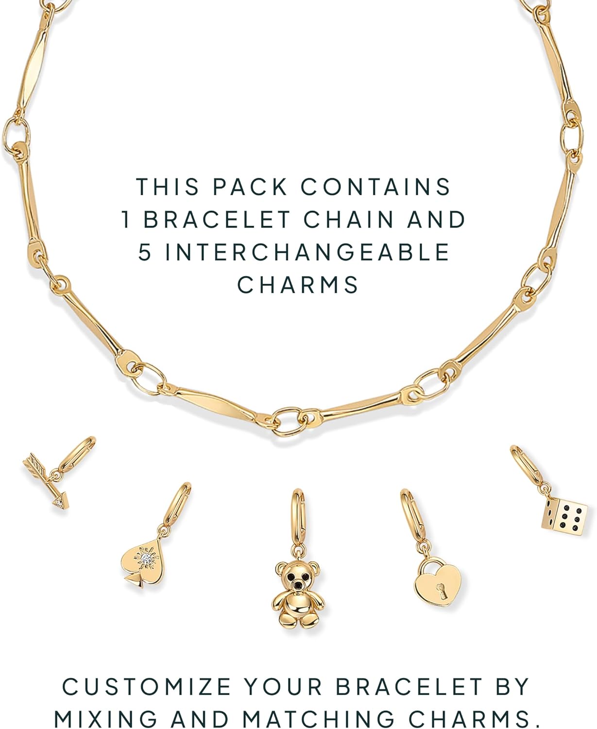 14K Gold Plated Adjustable Bracelet for Women | Twisted Bar & Paperclip Charm Chain Bracelets with Moon, Evil Eye, Teddy Bear, Valentines Day Heart Lock, Airplane, Dog, Cowboy Boot, Cat, Cupid & More | Fashion Jewelry