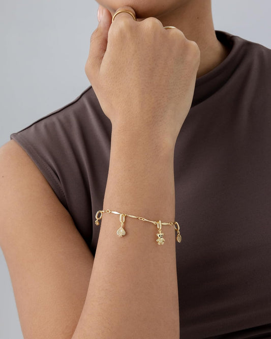 14K Gold Plated Adjustable Bracelet for Women | Twisted Bar & Paperclip Charm Chain Bracelets with Moon, Evil Eye, Teddy Bear, Valentines Day Heart Lock, Airplane, Dog, Cowboy Boot, Cat, Cupid & More | Fashion Jewelry