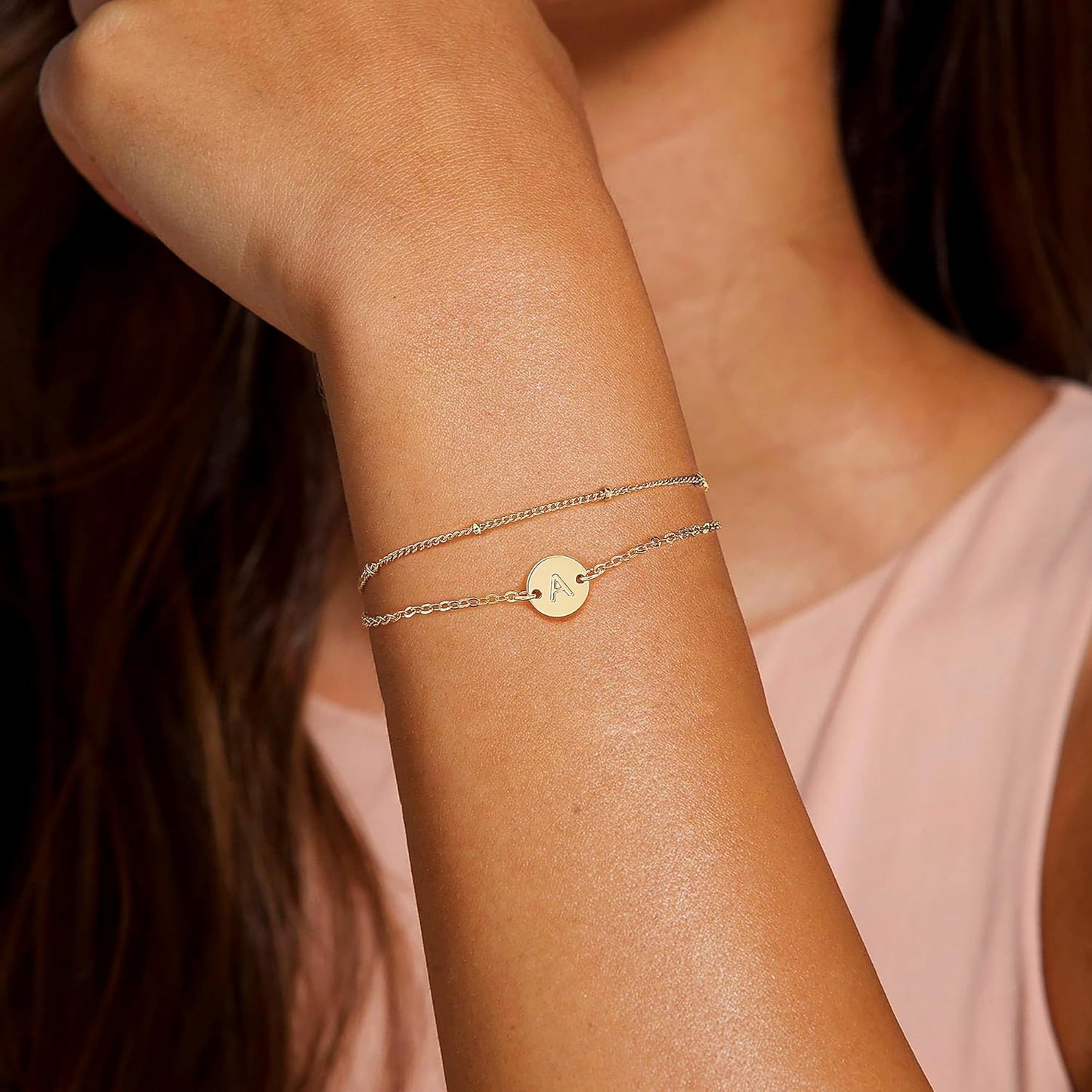 Gold Bracelets for Women Girls Valentines Day Gifts, Dainty 18K Gold Plated Disc Monogram Letter A-Z Initial Bracelets for Women Trendy Personalized Letter Bracelet Valentines Day Gifts for Her
