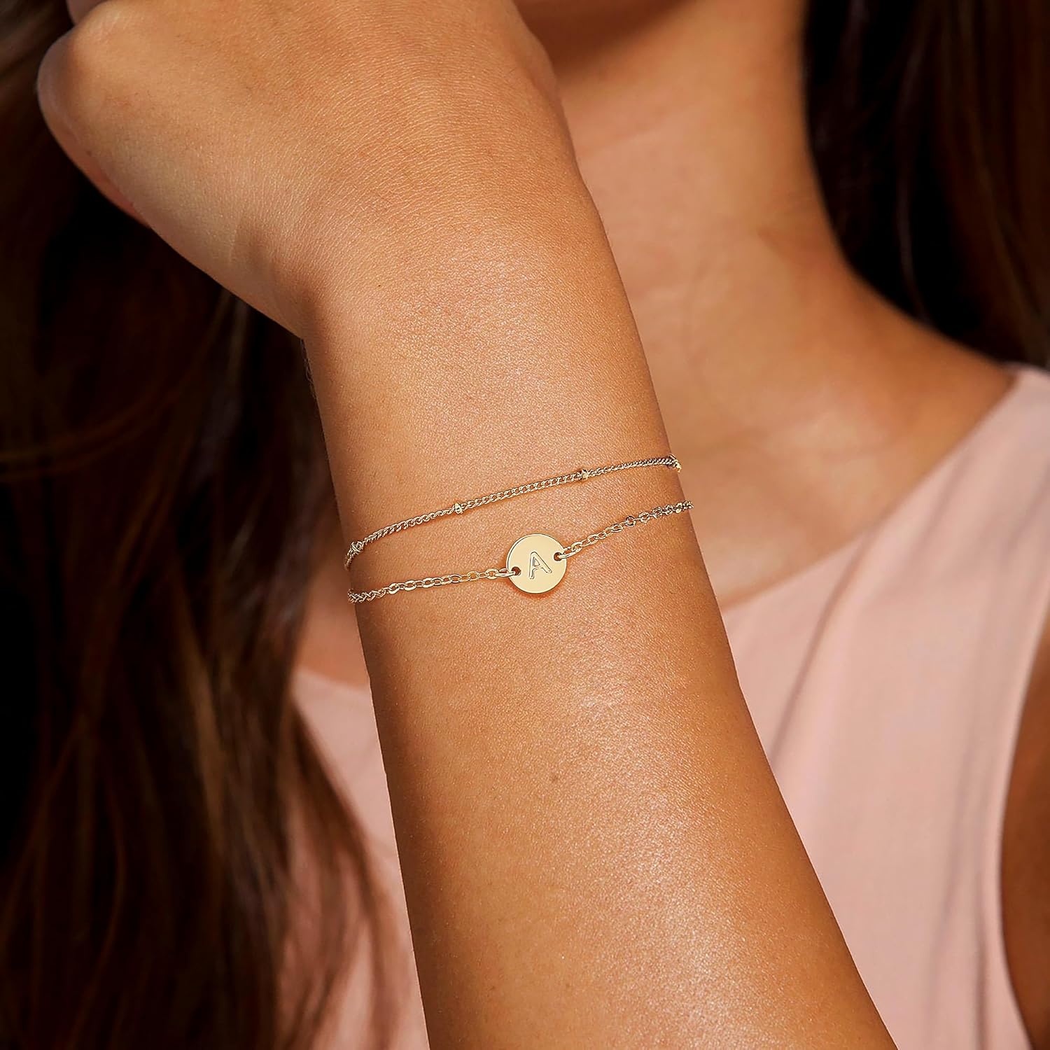 Gold Bracelets for Women Girls Valentines Day Gifts, Dainty 18K Gold Plated Disc Monogram Letter A-Z Initial Bracelets for Women Trendy Personalized Letter Bracelet Valentines Day Gifts for Her